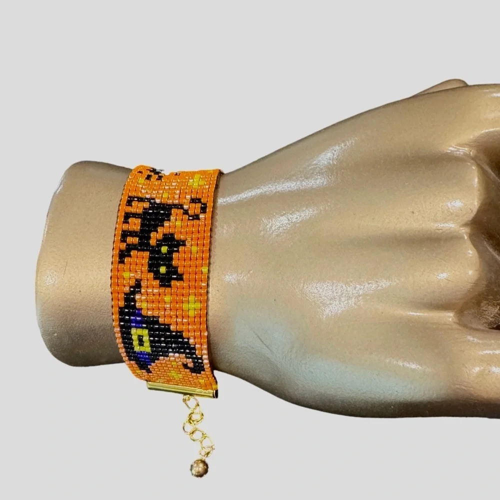Handcrafted Halloween-Themed Adjustable Loom Cuff Bracelet Miyuki Delica Beads - Picture 7 of 9